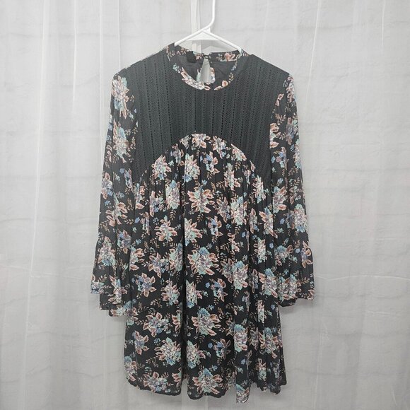 Volcom Gray Blue Floral Peasant Blouse Crochet Festival Tunic Boho Hippie S - Picture 9 of 13